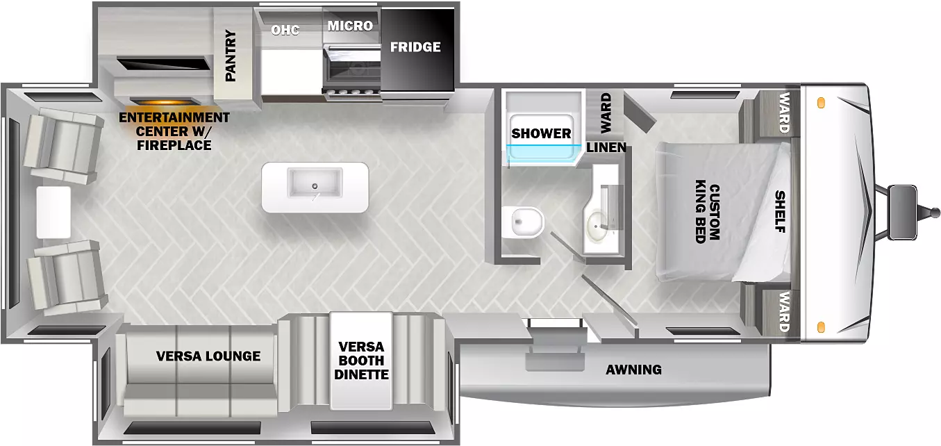 The 27RE has two slideouts and one entry. Exterior features an awning. Interior layout front to back: bed with shelf above and wardrobes on each side, and off-door side wardrobe; off-door side full bathroom with linen closet; entry door across from bathroom; off-door side slideout with refrigerator, microwave, overhead cabinet, pantry, and entertainment center with fireplace; kitchen island with sink; door-side slideout with versa booth dinette and versa lounge; rear seating and table.