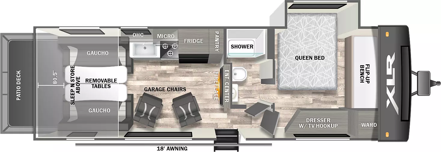 The 2914 has one slideout and one entry. Exterior features an 18 foot awning and rear ramp door with patio deck. Interior layout front to back: flip up bench and wardrobe, off-door side queen bed slideout and door side dresser with TV hookup; off-door side pass-through full bathroom; entry door; entertainment center and fireplace along inner wall; door side garage chairs; off-door side pantry, refrigerator, microwave, cooktop, sink and overhead cabinet; rear opposing gaucho couches with removeable tables and sleep n store above. 80.5 inch garage door height.