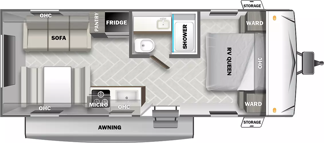 The 208RD has zero slideouts and one entry. Exterior features front storage, and an awning. Interior layout front to back: RV queen bed with overhead cabinet and wardrobes on each side; off-door side full bathroom; door side entry, kitchen counter with sink, overhead cabinet, microwave, and cooktop; off-door side refrigerator and pantry; rear off-door side sofa with overhead cabinet; rear door side dinette with overhead cabinet.