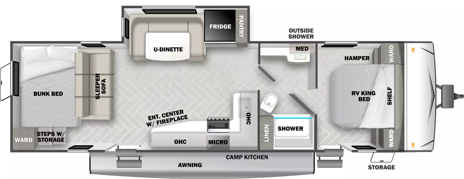 The T2611 has 1 slide out on the off-door side and 2 entry doors. Exterior features include a rear luggage door, awning, camp kitchen with refrigerator, griddle & spray port, front luggage storage and external shower. Interior layout from front to back includes: a front bedroom with foot facing RV King bed, overhead cabinet and wardrobes on each side of the bed; pass-through bathroom with vanity, medicine cabinet, shower, toilet and linen storage; off-door side slide out with U-dinette & refrigerator; door side kitchen with range, overhead microwave, fireplace with stereo entertainment center, TV, and single basin sink; front-facing sleeper sofa; rear wall 46 x 74 double bunk beds and corner wardrobe.