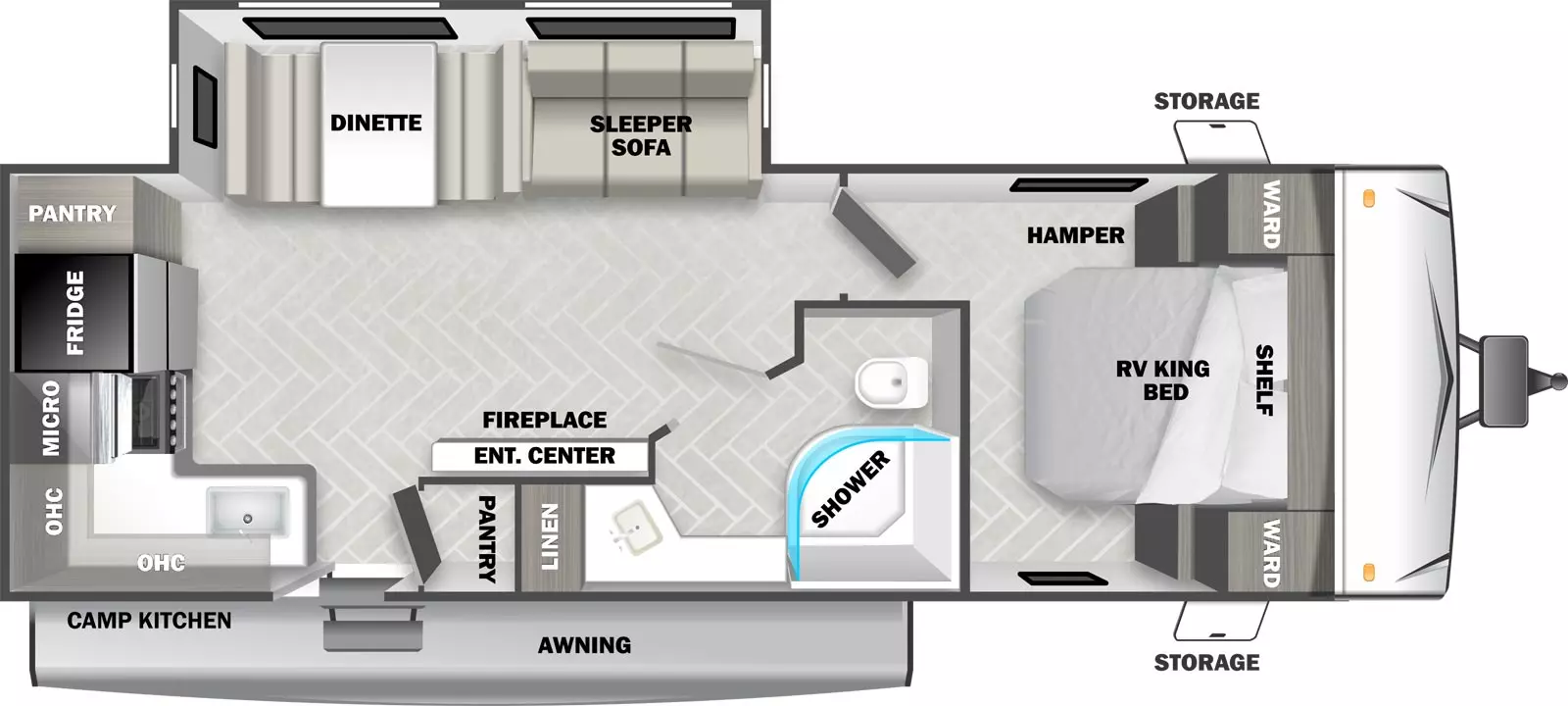 The T25RK has 1 slide out and 1 entry door. Exterior features include pass through storage, external shower, camp kitchen with refrigerator and griddle, and awning. Interior layout from front to back includes: front bedroom with RV king bed, wardrobes and overhead cabinet; door side bathroom with radius shower, linen closet, toilet, vanity, and medicine cabinet; door side entertainment center with fireplace and pantry; rear kitchen with overhead cabinets, microwave, range, refrigerator, and pantry; off-door slide out containing a Versa dinette and Versa lounge. 