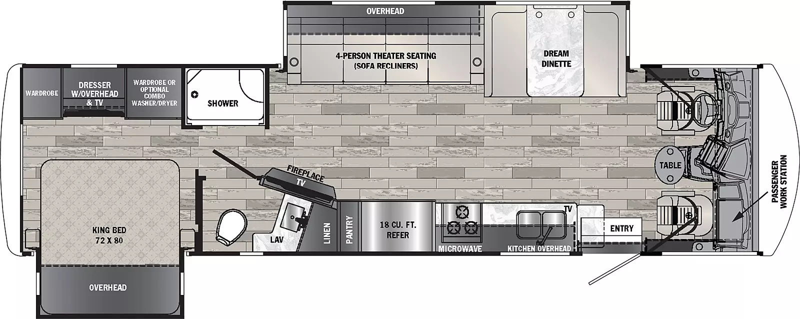 The 31L5 is a 2 slide floorplan, 1 off-door side slide out, 1 door side slide out.  Interior front to back; cab with table, passenger work station.  Off-door side slide out; booth dinette, 4 person theater seating with sofa recliners, overhead cabinet.  Off-Door side; shower, wardrobe or optional combo washer / dryer, dresser with overhead and TV, wardrobe.  Door side; kitchen with overhead, TV, microwave, 18 cu. ft. refrigerator, pantry, linen, fireplace, TV, Lav.  Door side slide out; king bed, 72x80, overhead cabinet.